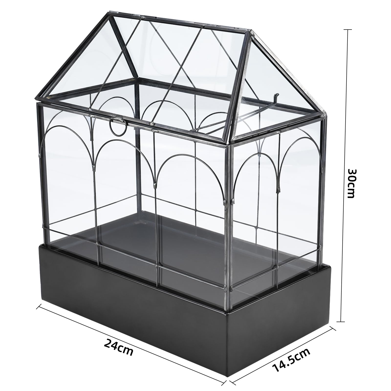 Homtone Maceta de terrario geométrica de 24 cm con bandeja, forma de casa, caja de cristal negra hecha a mano, maceta vintage en miniatura para suculentas, cactus, plantas de aire, negro
