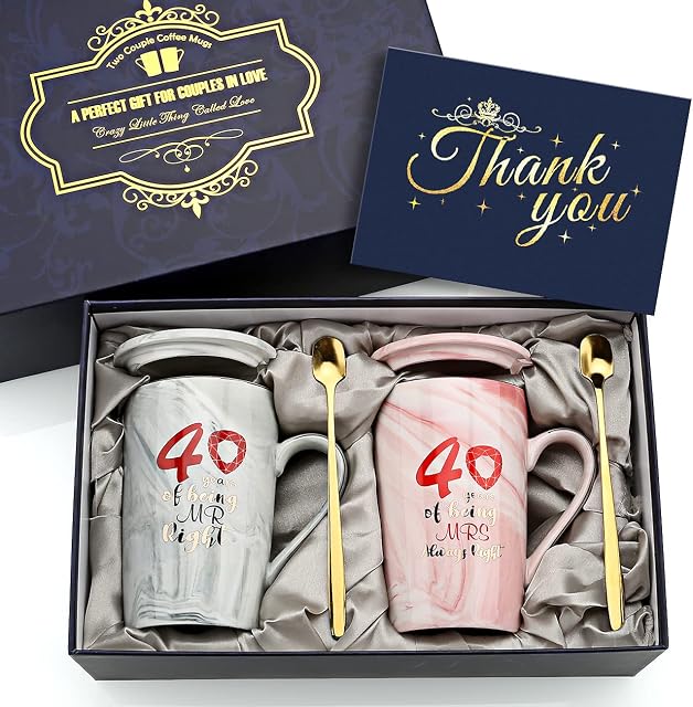 40 Years of Being Mr Right and Mrs Always Right Wedding Gifts for Couple Parents Grandparents-Ceramic Coffee Cup Christmas Mugs Set, Anniversary G-i-f-t-s for Him - His and Hers Gifts(14oz)