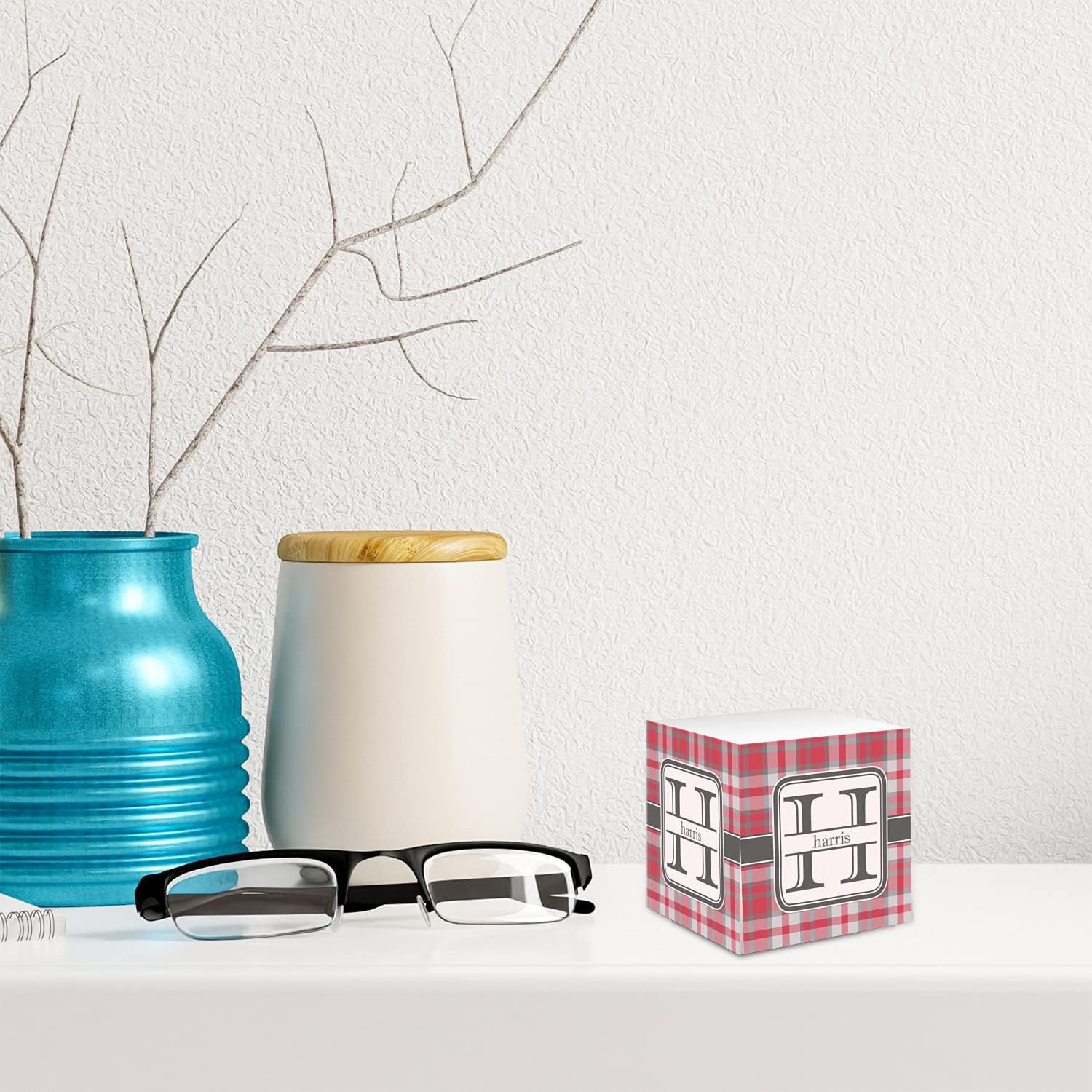 Personalized Red & Gray Plaid Sticky Note Cube