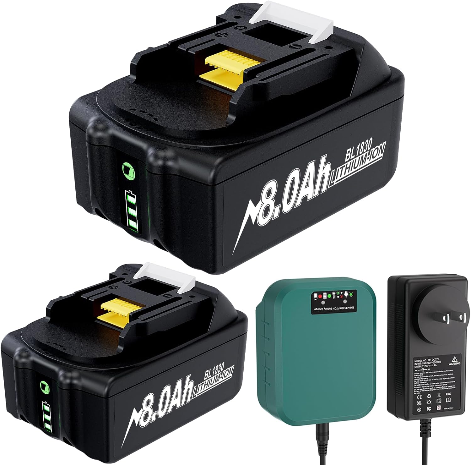 Replacement for Makita 18v Battery and Charger Upgraded 8.0Ah BL1860 BL1850 BL1840 BL1830 BL1820 BL1815B LXT400 Cordless Power Tools 2Pack