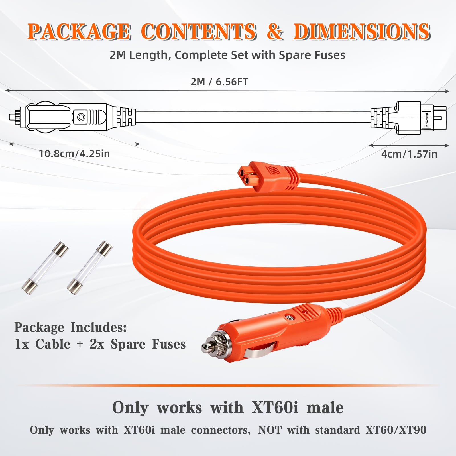Przewód zapalniczki 14AWG do XT60i 2 m 12 V / 24 V DC, z bezpiecznikiem 10 A | dla elektrowni, kamperów i kempingów