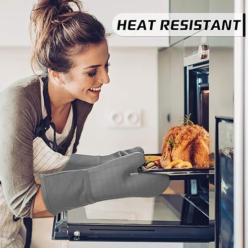 Vista 172 de Guantes de horno de silicona con forro de algodón acolchado – profesional resistente al calor olla de cocina soportes – 1 par, Negro