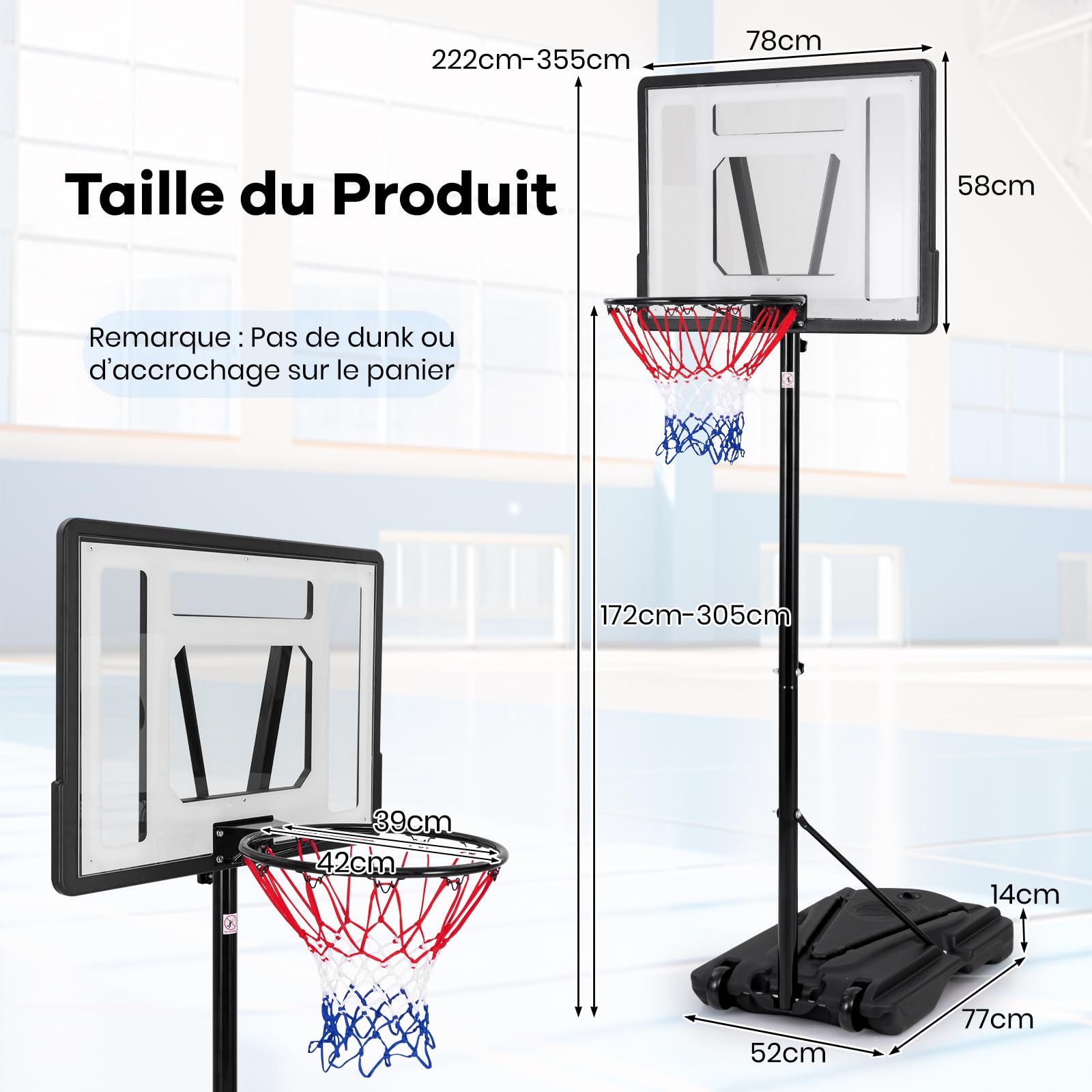 GYMAX Panier de Basket Extérieur, Réglable en Hauteur 172-305cm, avec Panneau Incassable, Base Stable et Remplissable, Roues Intégrées, pour Intérieur et Extérieur, pour Enfants, Adolescents, Adultes