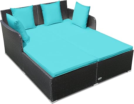 RELAX4LIFE Rattan Patio Outdoor Daybed, Wicker 2-Person Sunbed Loveseat with Soft Cushions, 4 Pillows, Curved Backrest & Armrest, Double Bed Lounger Sofa Set for Balcony Porch, Patio Bed Turquoise