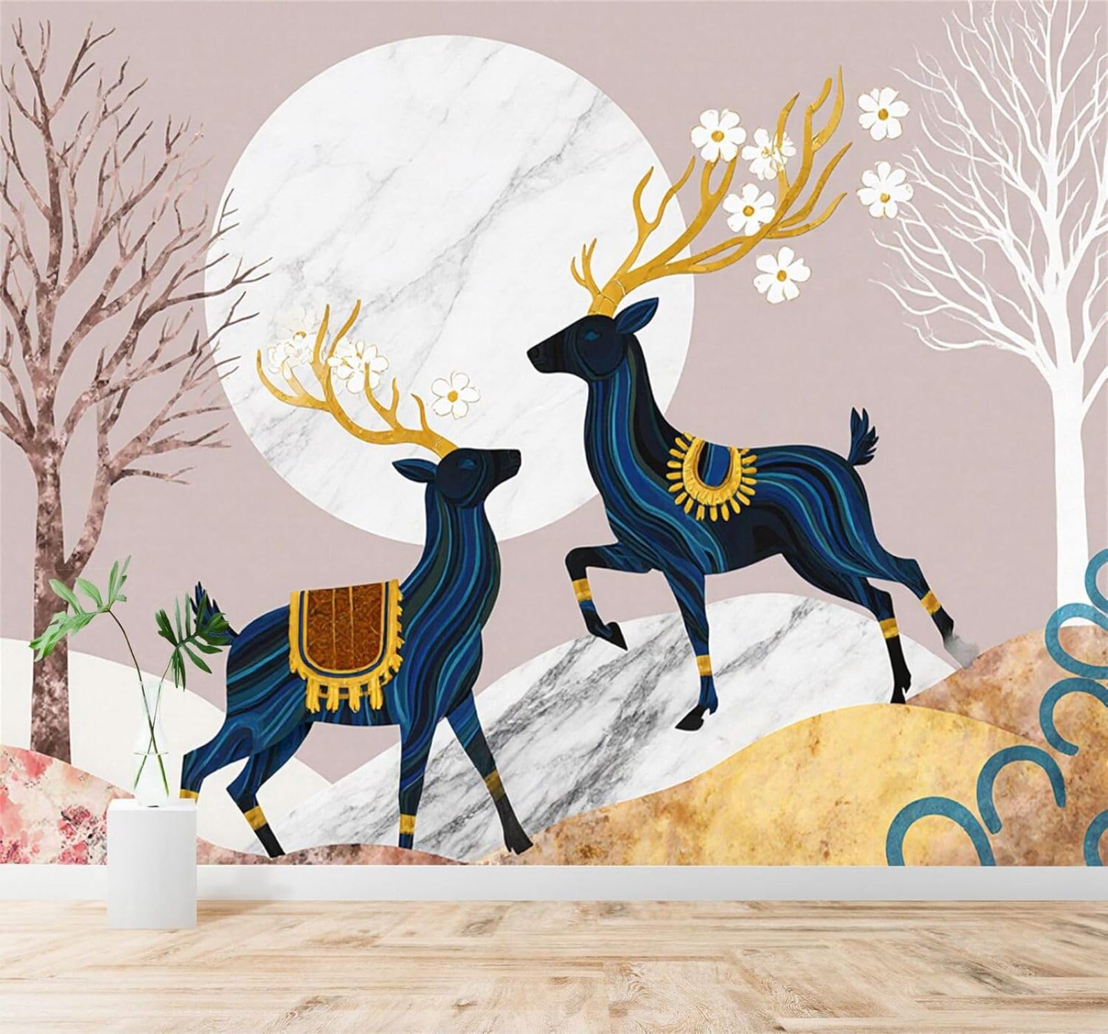 XLMING Blue Deer Golden Antlers Trees Full Moon Landscape 3D Wallpaper Silky Texture Home Study Office Grey Dining Room Sofa Bedroom Living Room TV Backdrop-300cm×210cm