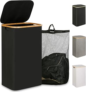 iEGrow 110L laundry Basket with Lid, Large Foldable laundry bin Organizer with Removable and Washable Inner Bag, Washing Foldable Baskets for Laundry with Bamboo Handles (Black)