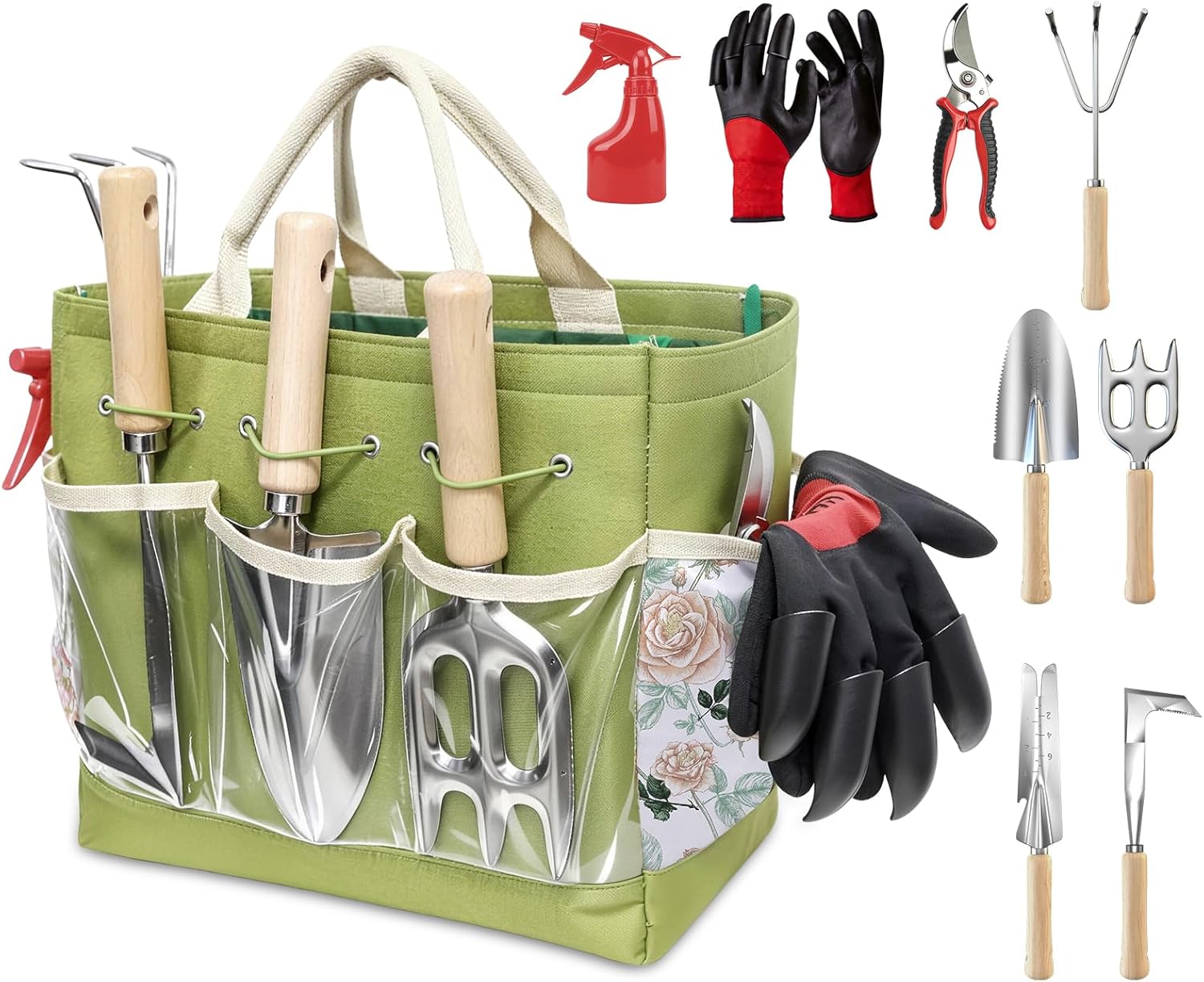 Snuggalux 9-Piece Stainless Steel Garden Tools Set with Clear Pocket Tote Bag - Heavy Duty for Digging, Planting, Weeding