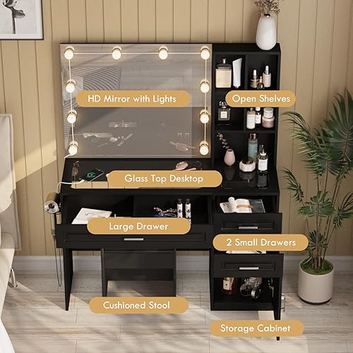 Miniatura 7 de Fameill Escritorio de tocador con espejo iluminado y tira de alimentación, mesa de tocador grande con parte superior de vidrio y mucho