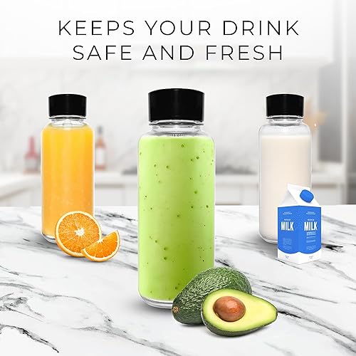 Miniatura 5 de purifyou Juego de 6 botellas de agua de vidrio transparente de 32 onzas para refrigerador, botellas reutilizables para jugos con tapas y fundas de