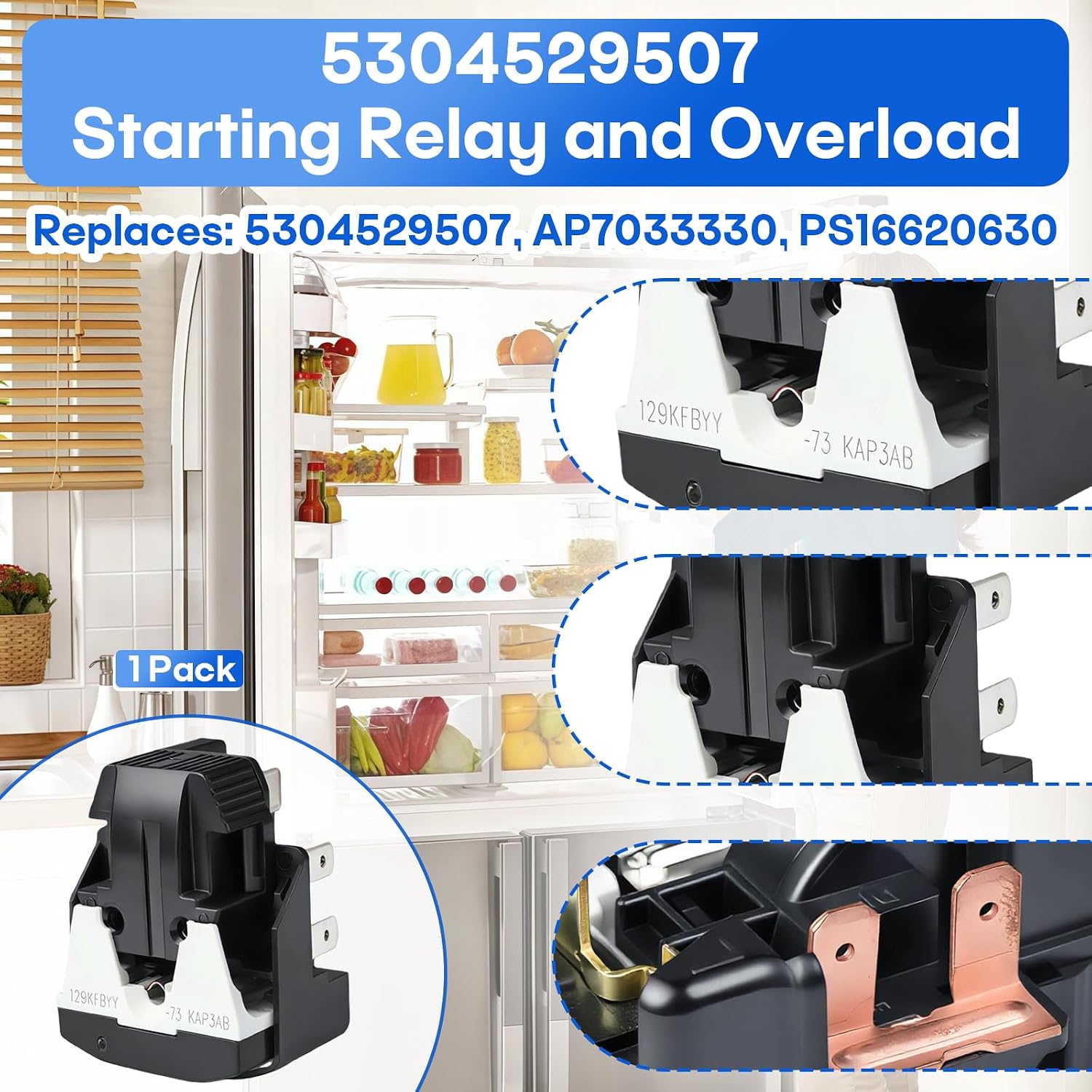 5304529507 Refrigerator Start Relay & Overload Protector Compatible with Frigidaire FFTR1814WB1, FFTR1820VB0 FFTR1814WW1 Models - Replaces AP7033330 PS16620630, Ensures Stable Startup & Overcurrent