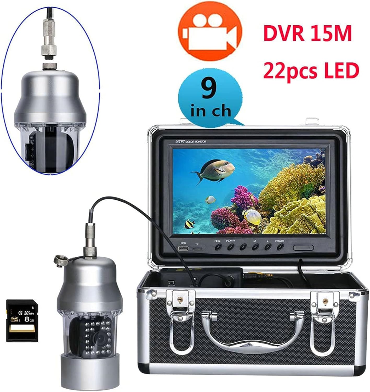 Fish Finders Depth Finders 9 inch DVR Recorder 15m 30m Underwater Fishing Video Camera Fish Finder Color Waterproof 22 LEDs 360 Degree Rotating Cam for Boat Kayak Sea Fishing (White LEDs 15M Cable