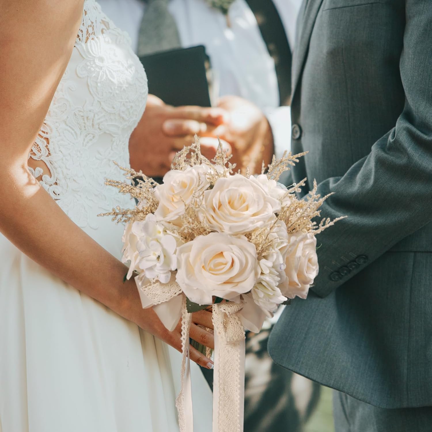 Wedding Bouquets for Bride, Champagne White Bridal Bridesmaid Wedding Flowers, Artificial Toss Rose for Civil Ceremony (Hollow Lace Ribbon Handle)