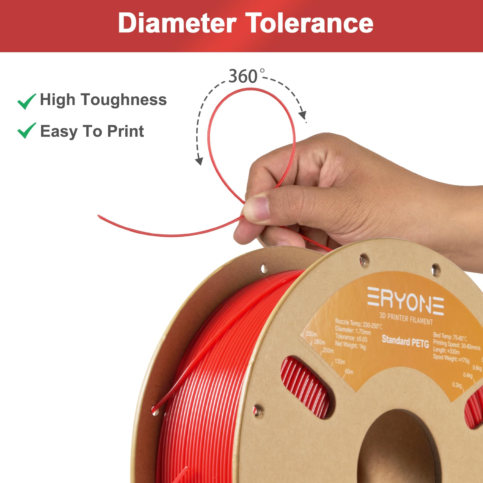 ERYONE PETG Filament 1.75mm, Filament PETG for 3D Printer 1KG, +/-0.03mm, Red