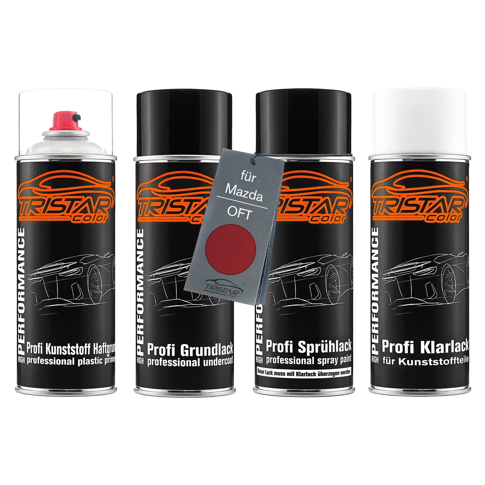 TRISTARcolor Zestaw w sprayu Lakier samochodowy do tworzywa sztucznego dla Mazda OFT Radiant Red Perl podkladu przyczepnego lakieru bazowego lakieru bezbarwnego z miekkim dodatkiem