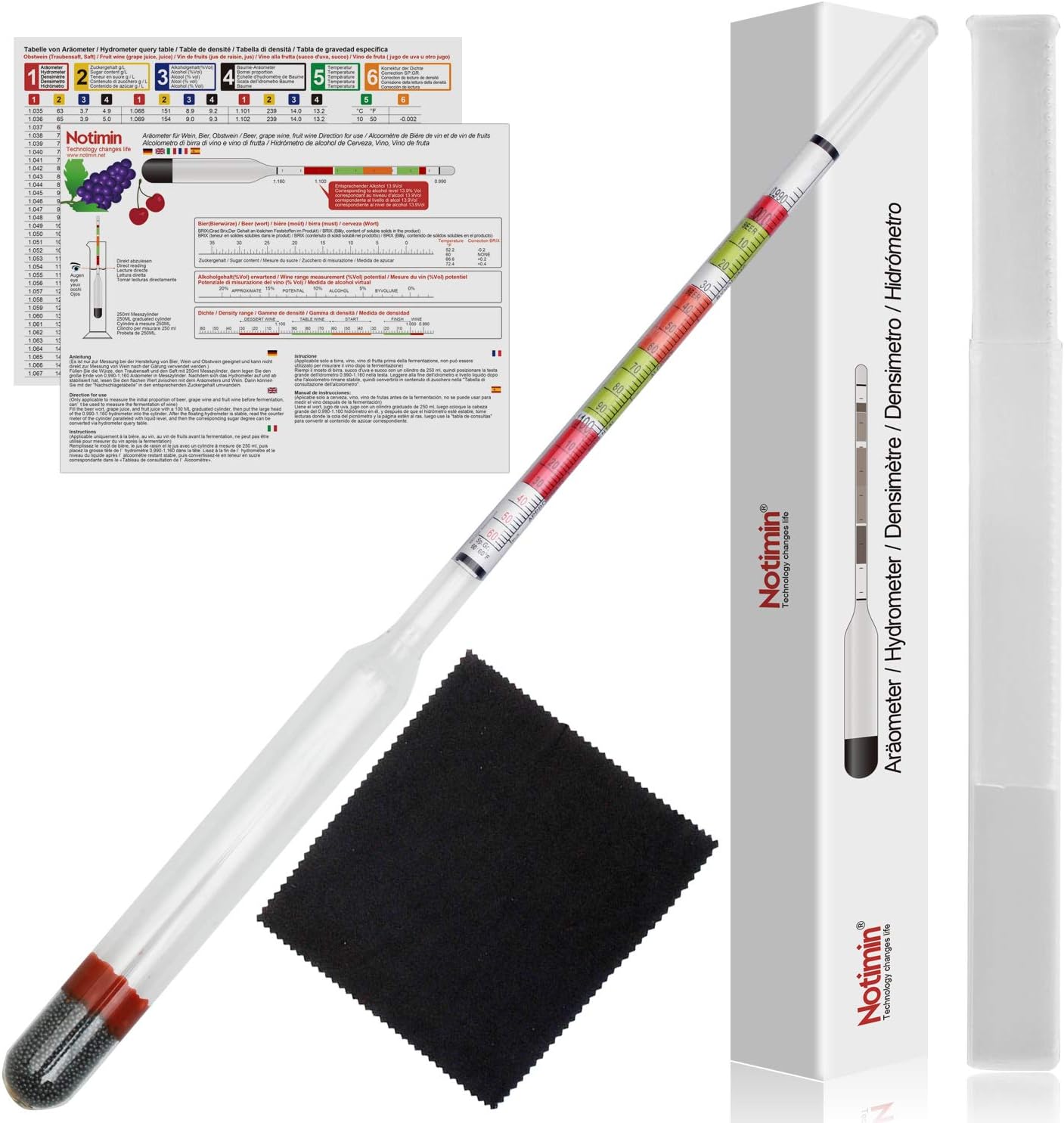 Notimin triple scale hydrometer brix meter Density meter Test Jar for Wine, Beer, Mead, Cider & Kombucha - Combo and Gravity Test Kit