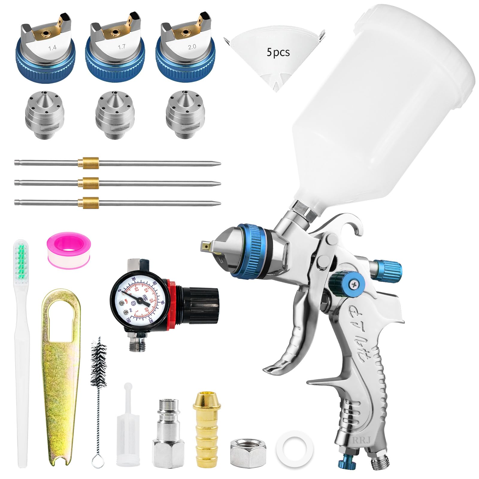 HVLP Professionale Pistola a Verniciatura con 3 Ugelli 1,4/1,7/2,0mm Tazza 600cc Alimentazione a Gravità Kit Spruzzo, HVLP Mobili Auto Pistola Riparazione (Blu)
