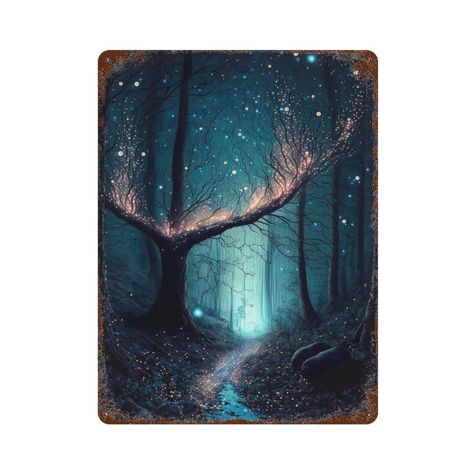 Rust Effect Tin Sign with Dreamy Fantasy Forest Design 15.7"x11.8", for Pub, Kitchen And Man Cave Decor, Industrial Home Decor
