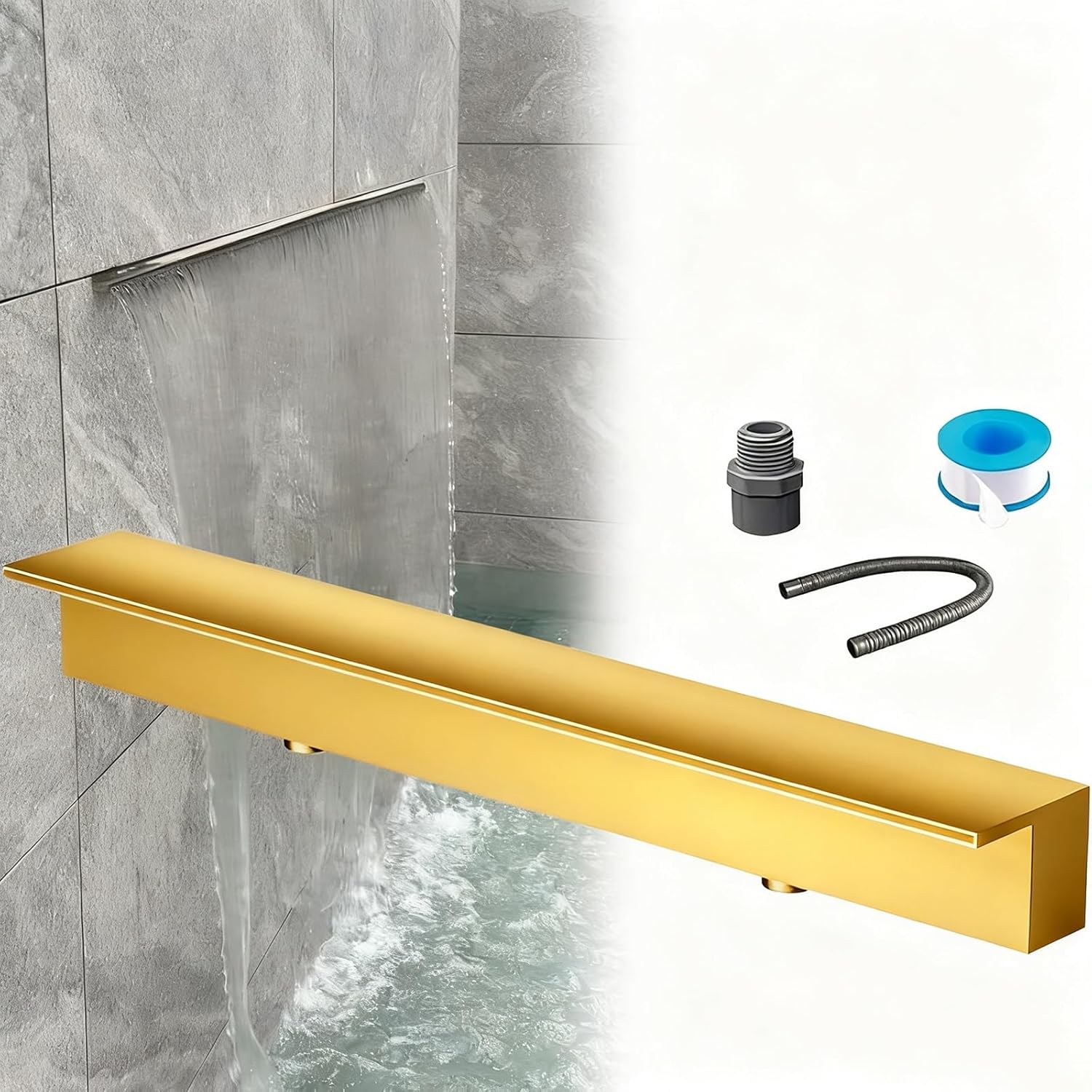 Stainless Steel Waterfall Pool Fountain, 15.7 Rectangular Spillway with Pipe Connector for Outdoor Gardens & Swimming Pools – Elegant Gold Finish