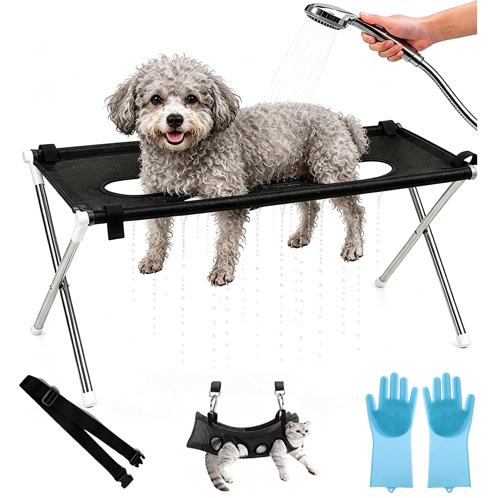 Dog Cat Grooming Hammock, Pet Grooming Hammock Stand with Anti-Scratch Mittens and Restraint Straps Foldable for Trimming, Bathing, Brushing