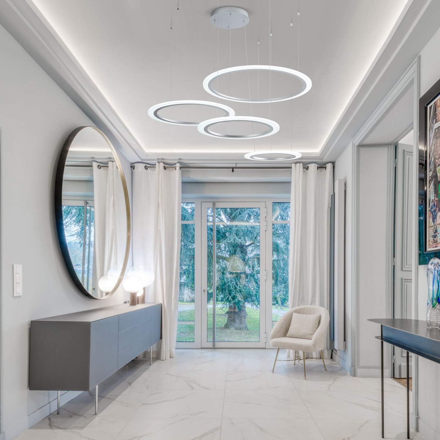 Top Rated Royal Pearl Modern Chandelier LED 4-Rings Circular Pendant Light Flush Mount Pendant Lighting for Living Room Dining Room, 6000k, Silver