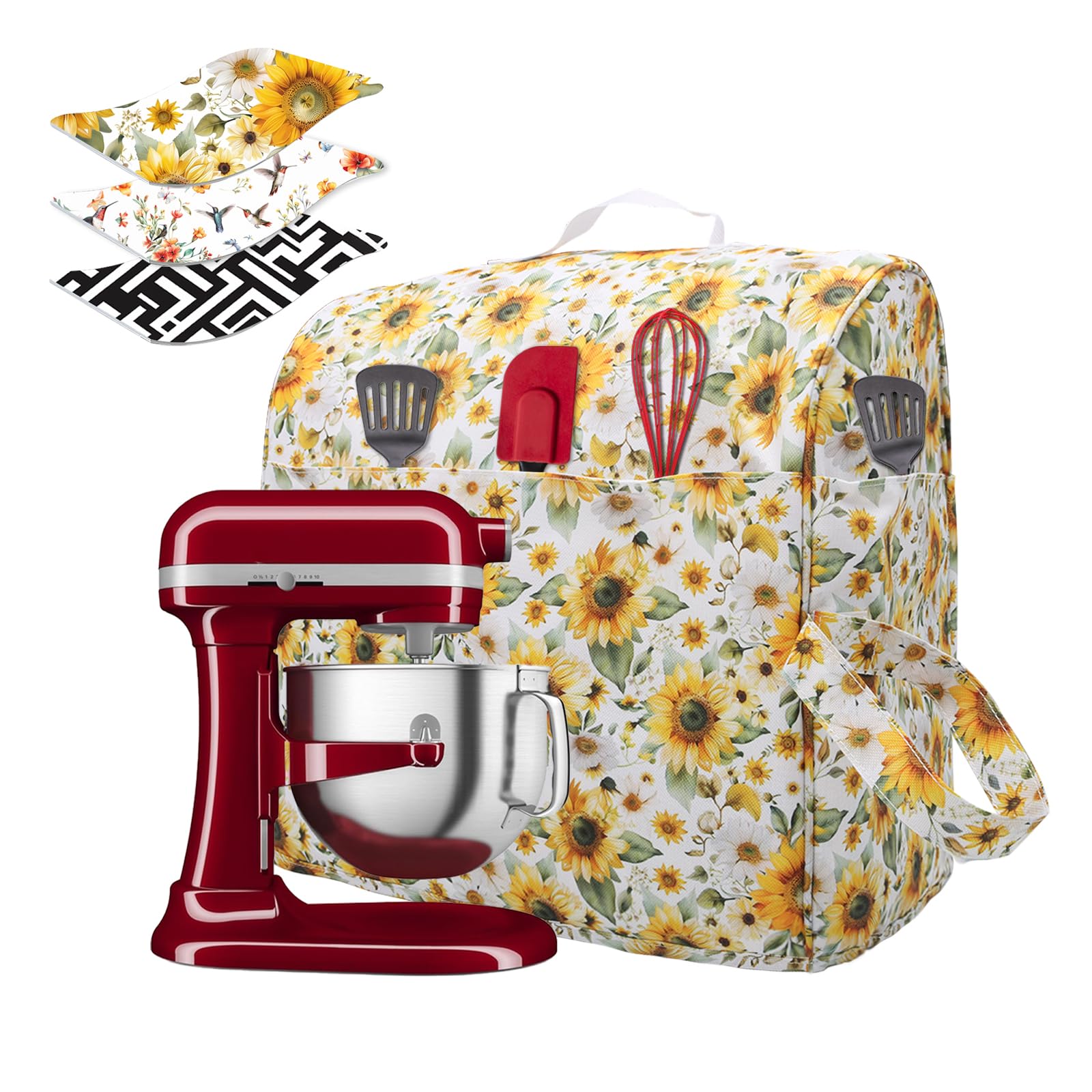 Mixer Dust Cover for Kitchen Aid 6/7/8 Qt Bowl Lift Stand Mixer Quilted Thickened Protective Covers w/ 4×Storage Pocket for Mixer Attachments, Appliance Organizer, with Top Handle(Sunflower)