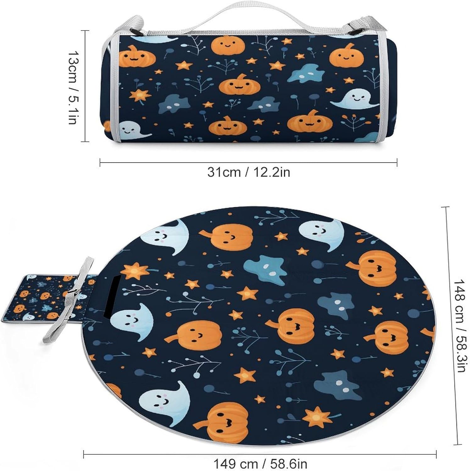 Ghosts and Pumpkins Picnic Mat Lightweight Waterproof Picnic Blankets Extra Large Picnic Outdoor Blankets Foldable Sandproof Beach Blanket for Park Beach Camping Courtyard 58.3''x58.3''