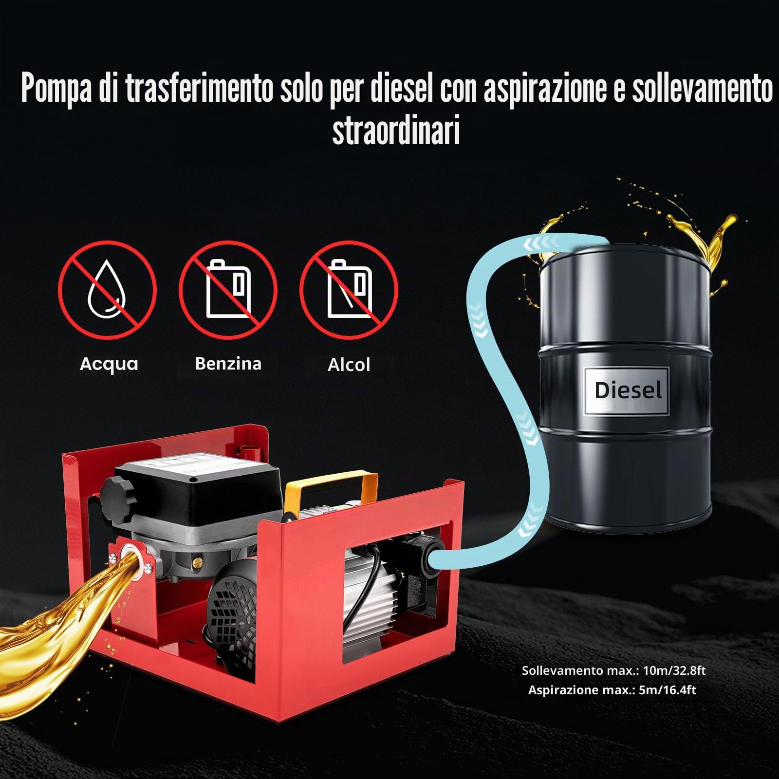 Pompa Travaso Gasolio 550 W 60 L/min Autoadescante con Contatore | Pompa Elettrica con Pistola Automatica, Corpo in Ghisa e Tubi da 2 e m, per Trattori e Macchine Agricole