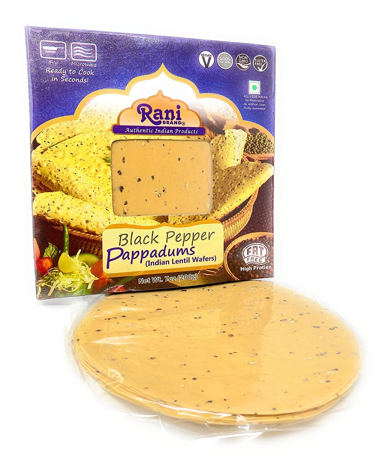 Rani Pappadums (Indian Lentil Wafer Snack) Black Pepper Papad 7oz (200g) Approximately 15pc, 7 inches, Pack of 12 ~ All Natural | Gluten Friendly | NON-GMO | Vegan | Indian Origin