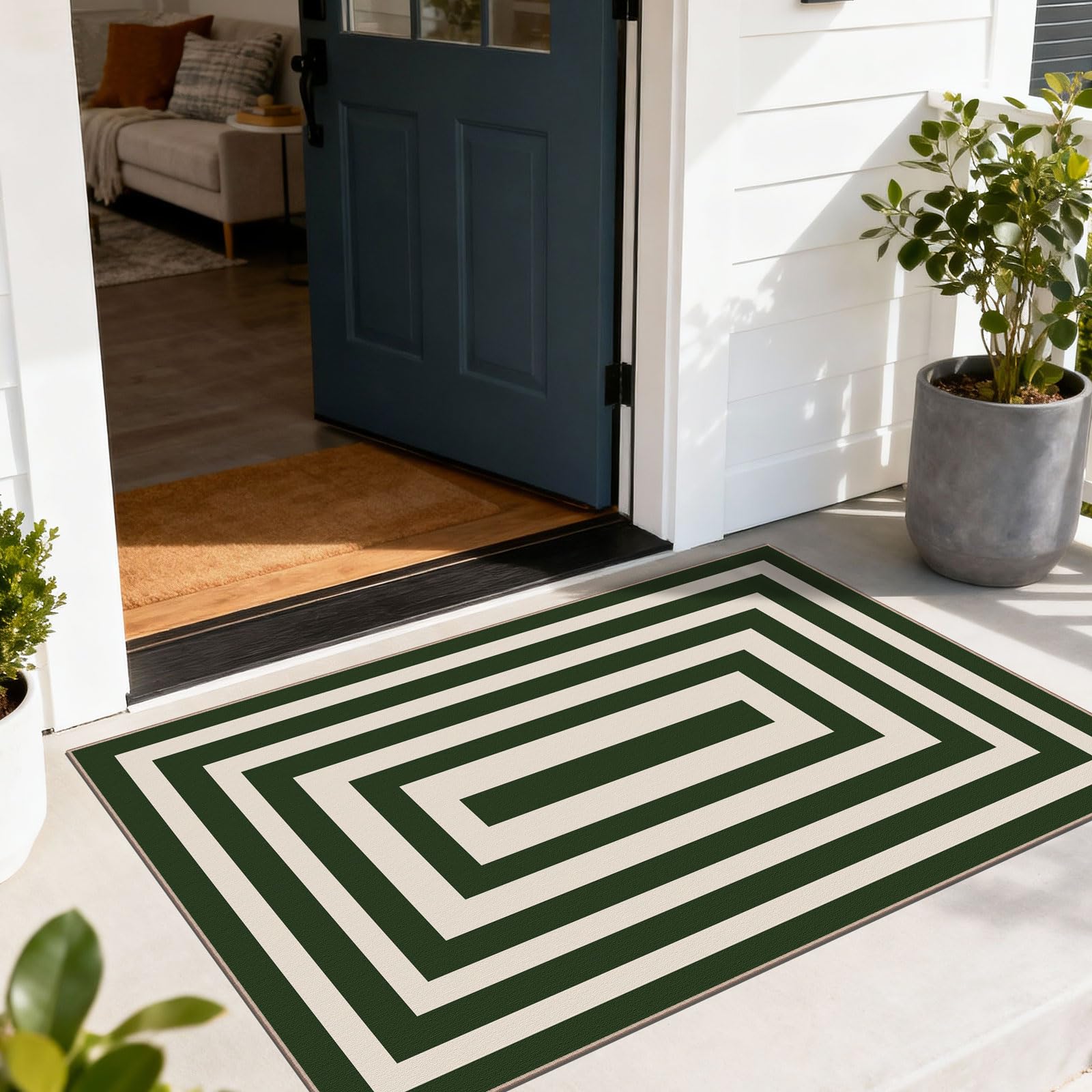 Othilic Modern Outdoor Rug - 28" x 43" Front Door Mat Indoor Outside Entrance Non-Slip Washable Outdoor Mat Green White Border Striped Rug for Entryway Kitchen Bedroom Layered Doormat for Front Porch