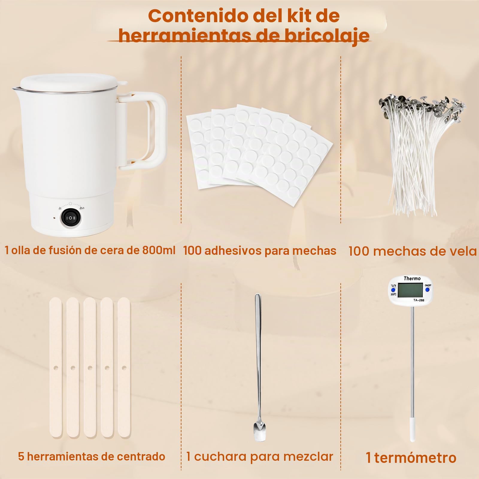 Corpower Derretidor de Cera Eléctrica para Hacer Velas, Olla de Fusión de Cera de 800 ml, Kit de Fabricación de Velas para Adultos, Kit de Mecha, Adhesivos para Mecha, Centrador y Cuchara, Termómetro