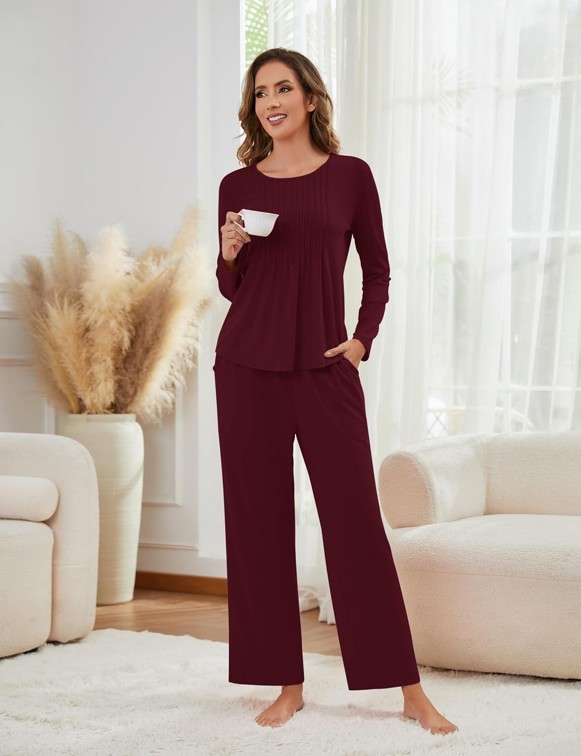 Womens Pajama Sets 2 Piece Lounge Set Sleepwear Soft Loungewear with Pockets Ladies Comfy Long Sleeve wrinkles Pjs - Image 4