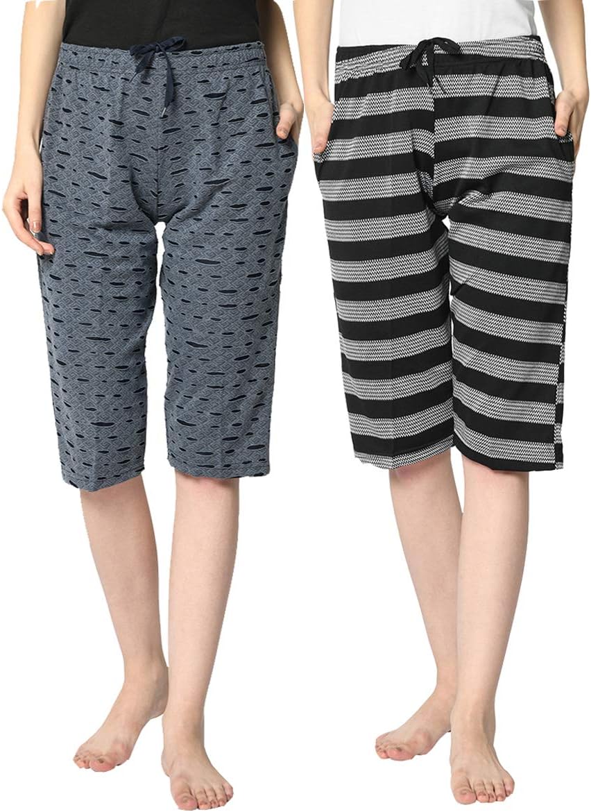 Women Capri for Sleep, Gym, Yoga and Sports Wear Pack of 2-D13_KF_NVY_STR_BLK_02-P