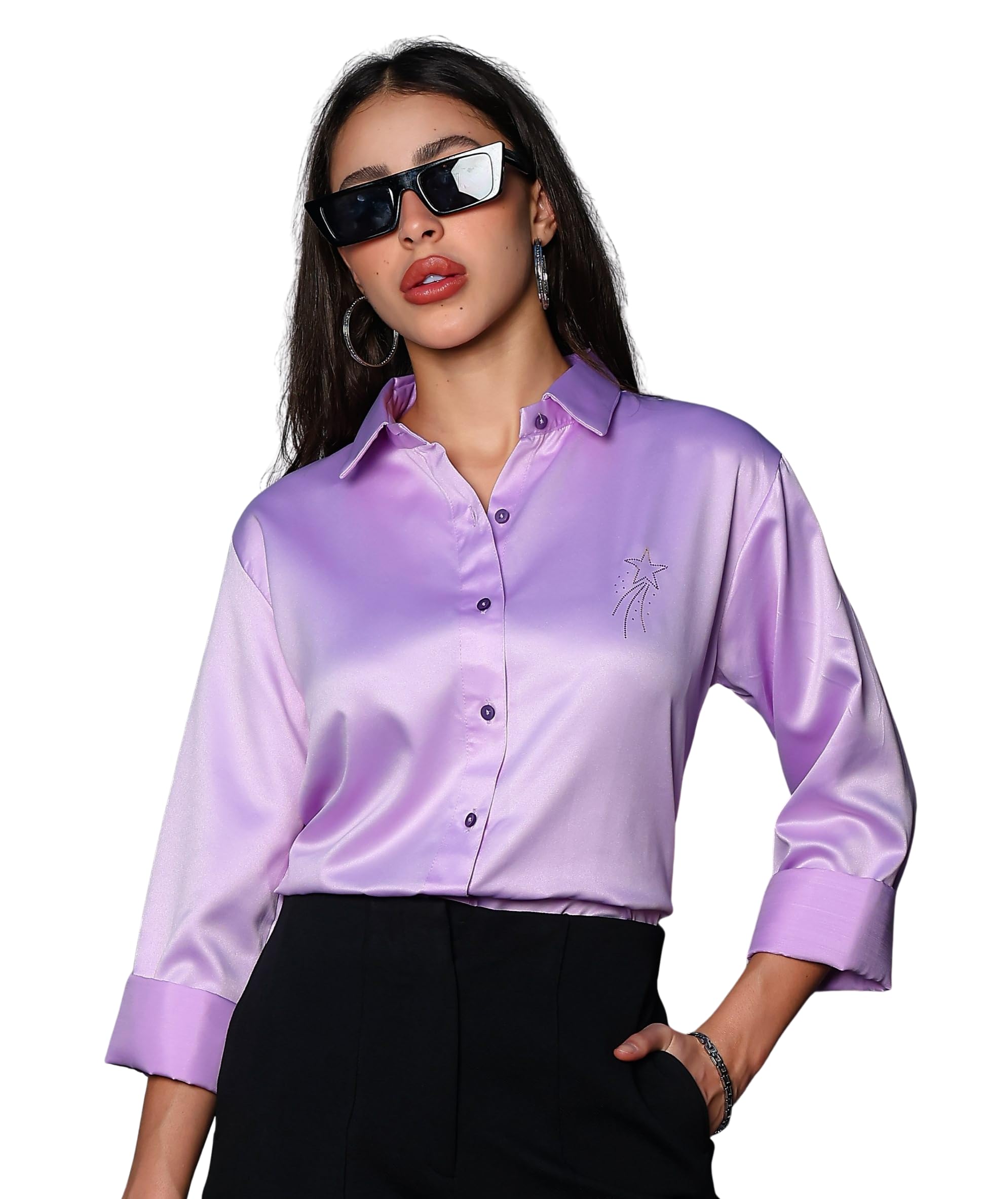 indoprimo Women's Classic Fit Solid Print Satin Shirt with Long Sleeve Mandarin Neck Standard Length and Button Down Closure Type-picture-50