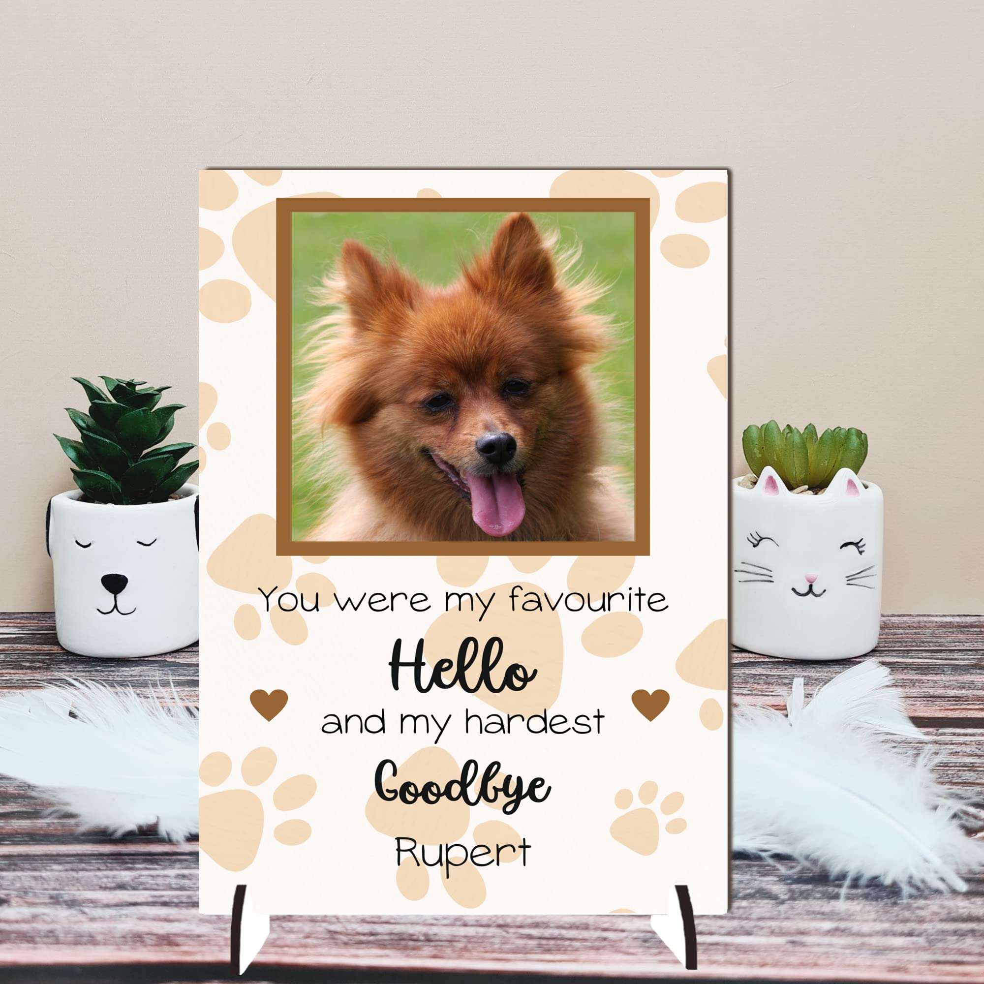 Personalised Pet Bereavement Photo Plaque - "Favourite Hello Hardest Goodbye" Custom Memorial, Available in MDF or Acrylic, Size 148mm x 210mm (Mdf Wood 21cm x 15cm, Brown) โ image 1