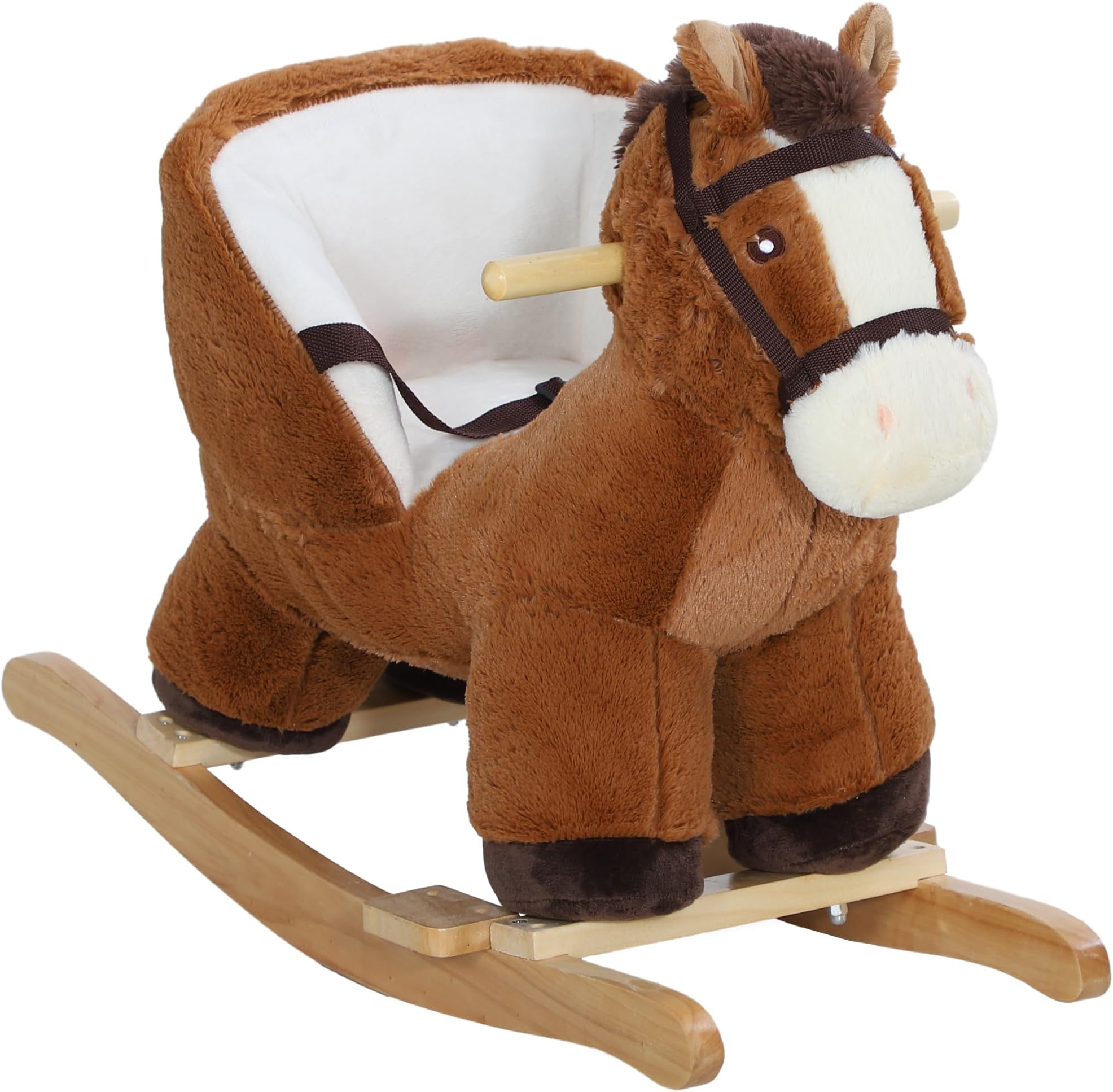 AIYAPLAY Kids Rocking Horse, Plush Ride on Horse, with Sound, Wood Base, Seat Safety Belt, for Ages 18-36 Months, Brown