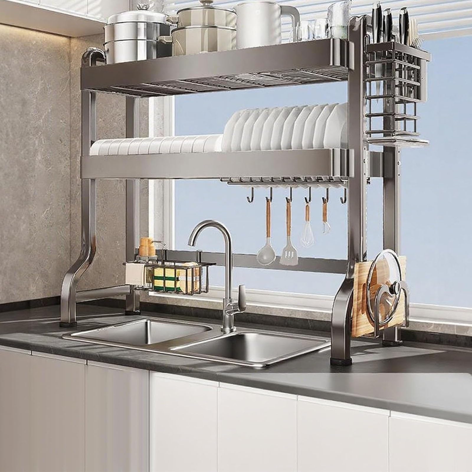 Égouttoir à vaisselle évier de cuisine grande capacité rangement gain de place double bac 65cm