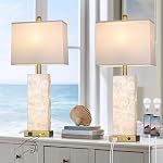 28" Gold Glass Table Lamps Set of 2, Gold Modern Bedside Lamp with LED Night Light, USB A+C, Glass Lamps for Living Room, Bedroom, Nightstand, Office, End Table (2 Bulbs Included)