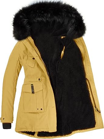 Women Winter Down Coat Thicken Fleece Lined Parkas Warm Faux Fur Hooded Long Puffer Jacket with Pockets