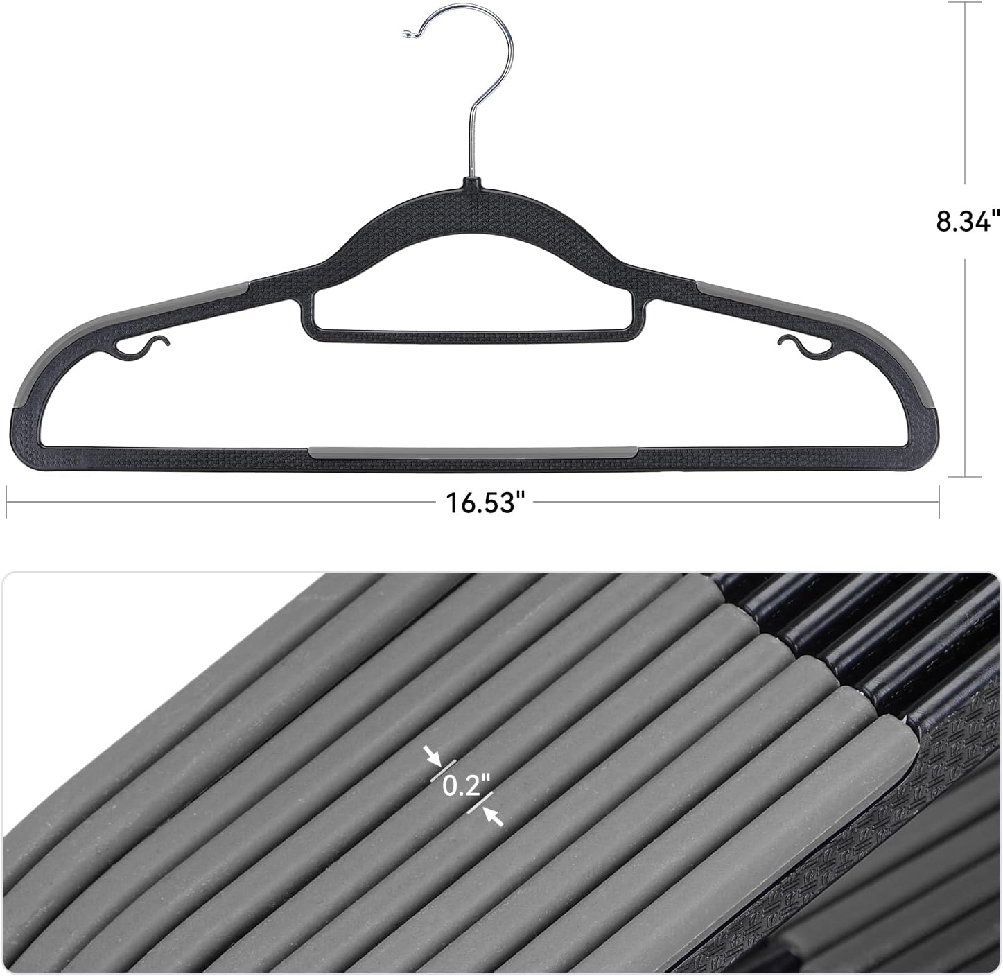 NCXTKJ Coat Hangers 50 Pack, Plastic Clothes Hangers Non Slip with Rubber Grip, Heavy Duty Hanger with 360° Swivel Metal Hook, Ultra Thin Hangers Space Saving for Closet Organizer, Black and Dark Gray
