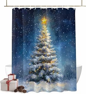 Shower Curtain Christmas Tree Star Winter Snow Waterproof Bathroom Curtains Set with Hooks,Blue Gradient Oil Painting Art Washable Bathtub Curtain for Shower Stall/Hotel Bathtub Decor,36x72in