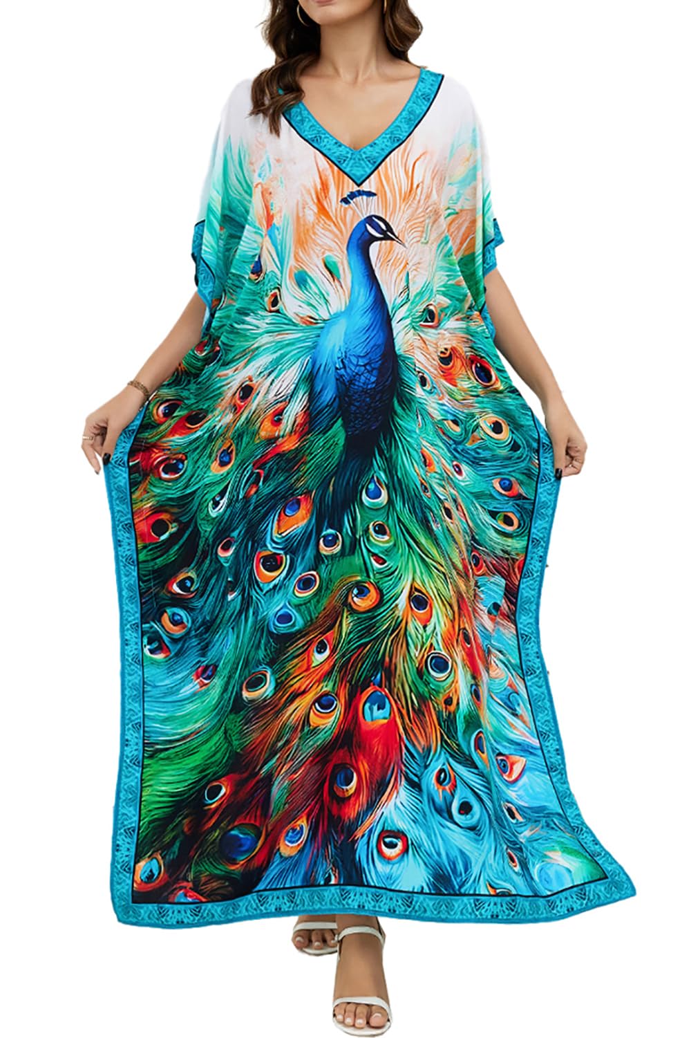 Likejump Women's Sky Blue 1 Cotton Print Kaftan Swimsuit Kimono Cover Up Loose Beach Robe Maxi Dress