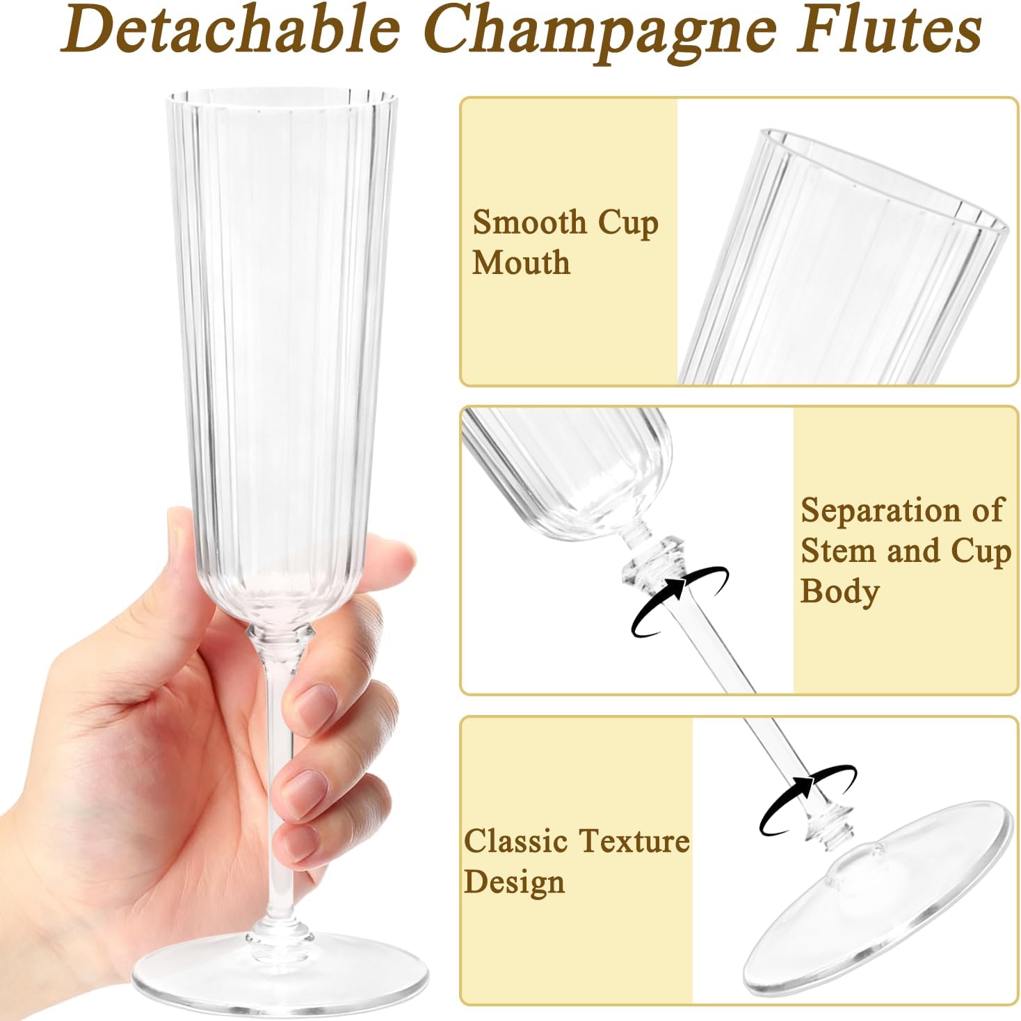 48 Pack Clear Champagne Flutes Plastic, 6oz Stripe Detachable Acrylic Champagne Glasses, Disposable Cocktail Drinking Cups, Reusable Wine Flutes, Cocktail Toasting Glasses for Wedding, Party