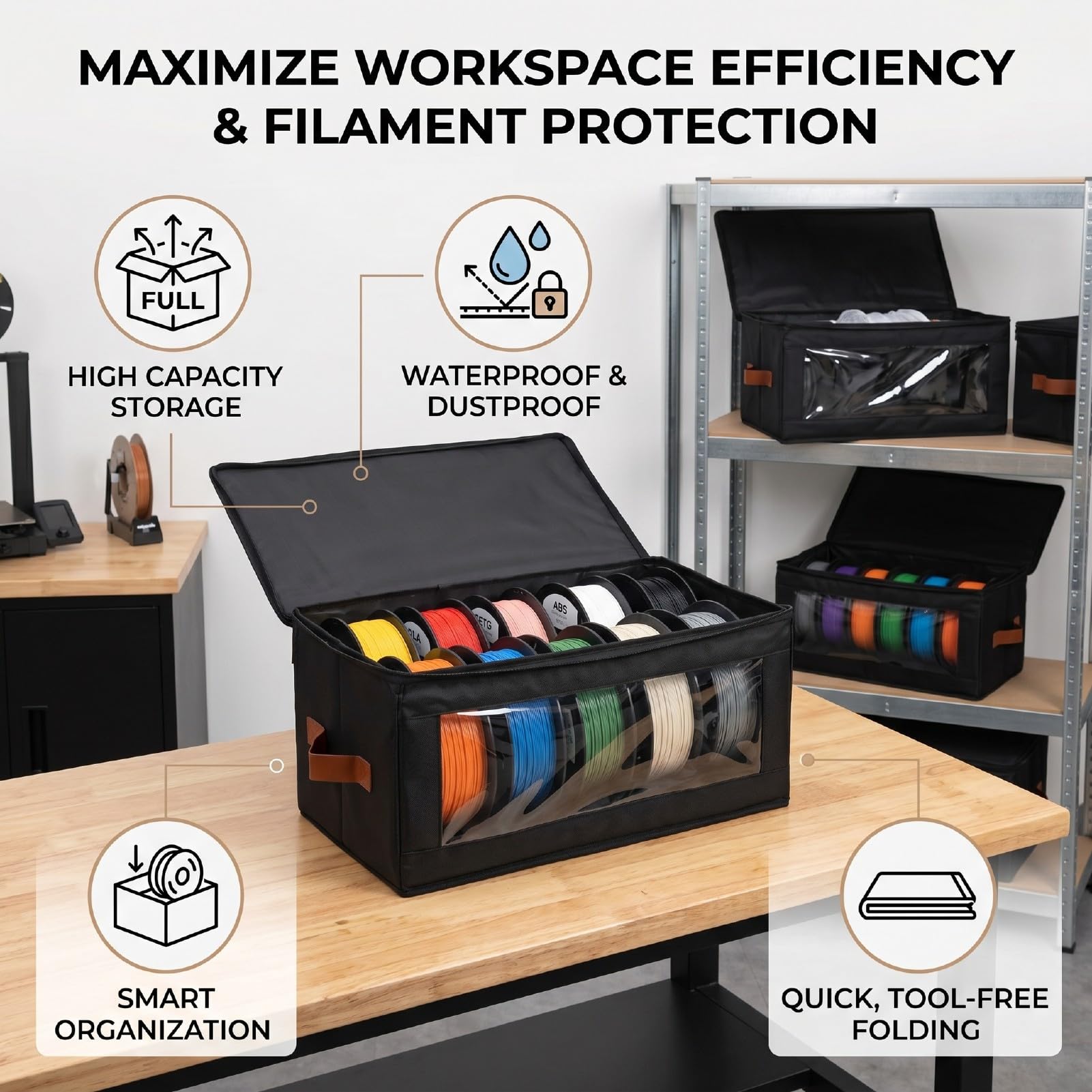 Caja de Almacenamiento de Filamentos de Alta Capacidad |Tela Oxford, Capacidad para 24 Rollos de Consumibles de Impresión 3D, Contenedor Plegable con Cremallera para Home Studio (BLACK)