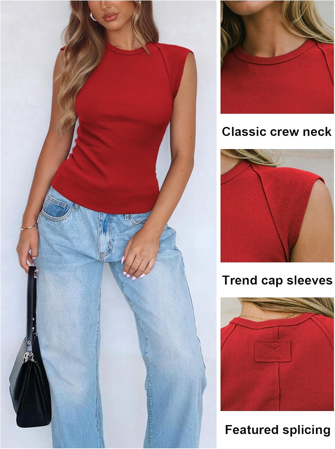 Women's Ribbed Tank Tops Trendy Casual Crew Neck Summer Club Cap Sleeve Slim Fitted Knit Basic Tee Shirts Blouse - Image 3