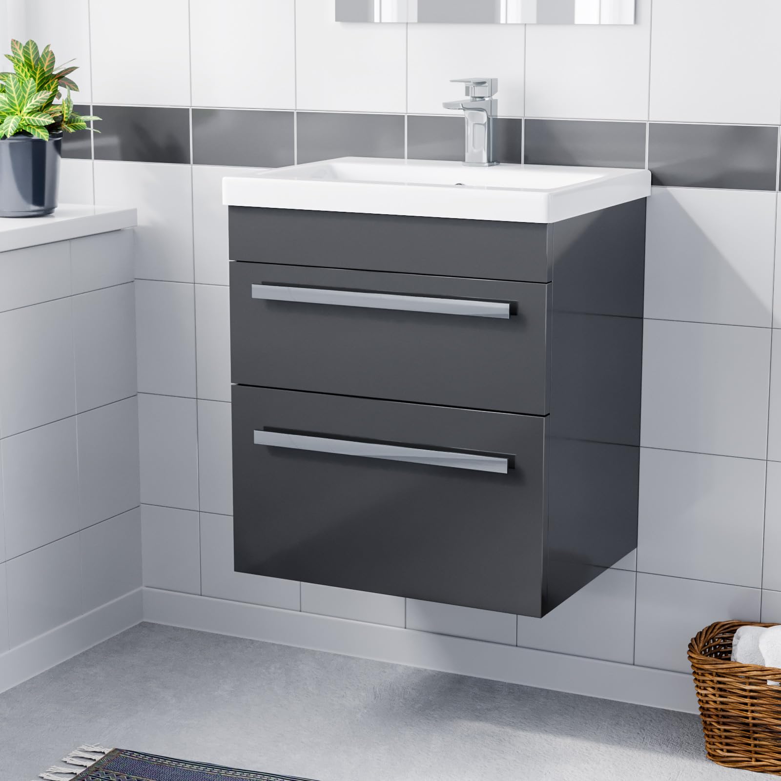 Nes Home Anthracite 500Mm Wall Hung 2 Drawer Vanity Unit With White Basin