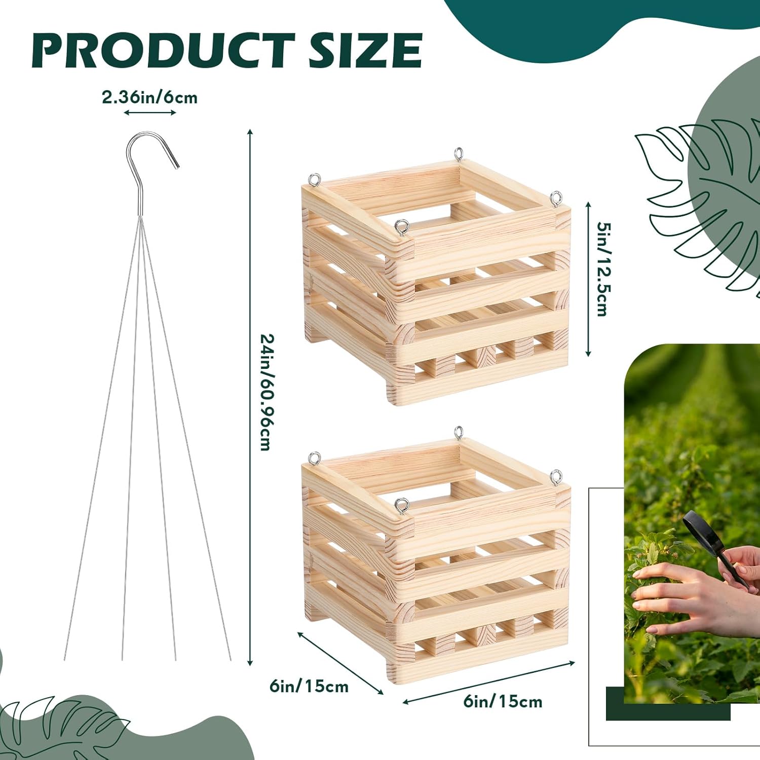 4 Pack Wooden Plant Hanger Set Including 6 Inch Strong Hanging Orchid Wooden Square Baskets and 24 Inch Wire Plant Hangers for Hanging Orchid Gardening Indoor Outdoor(Light Brown)