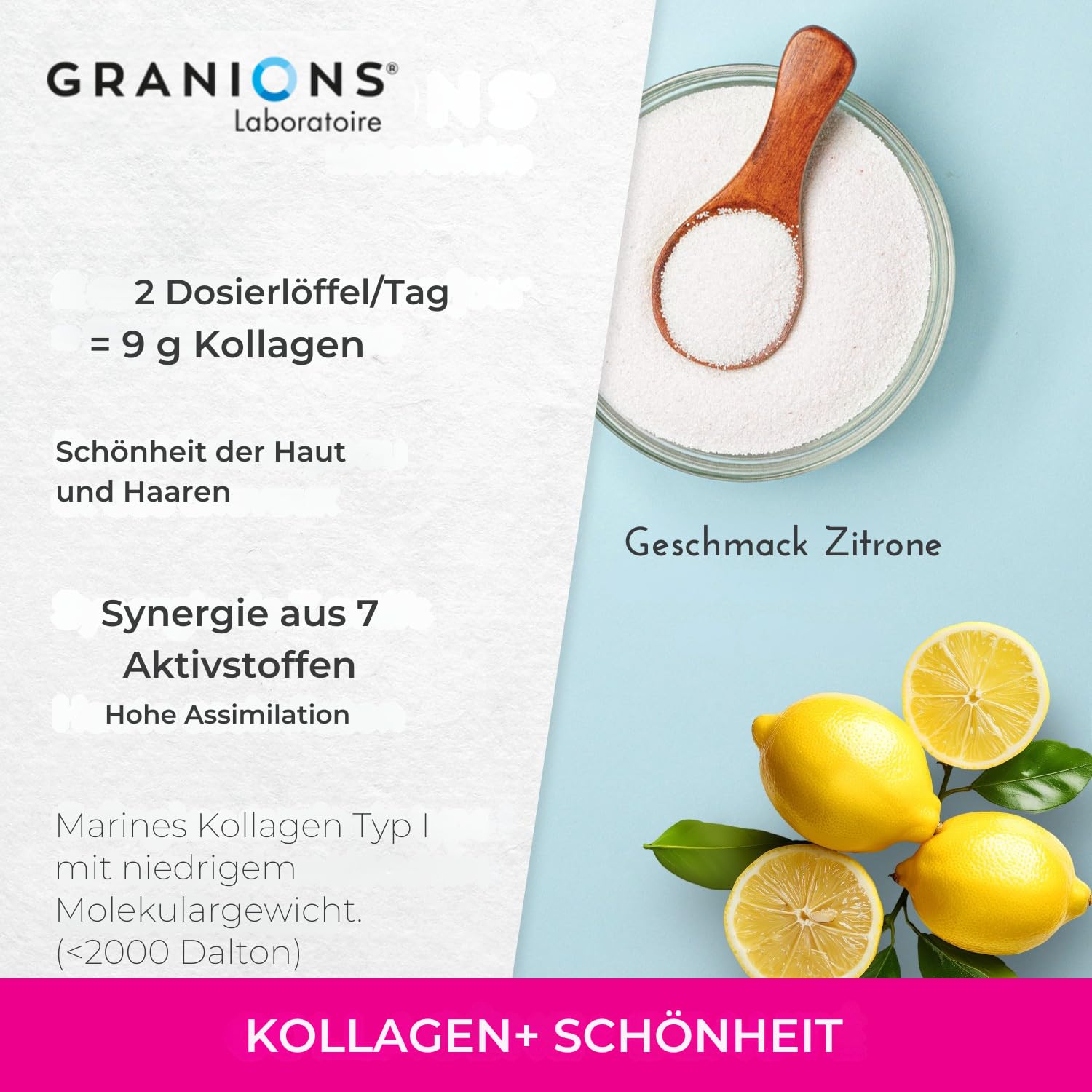 Kollagen Pulver 250g - Biotin Haare - Kollagen - Vitamin C - Hyaluronsäure - Schönheit Haut - Hohe Assimilation, Marine kollagen Geschmack Zitrone - Alternative kollagen kapseln - Granions