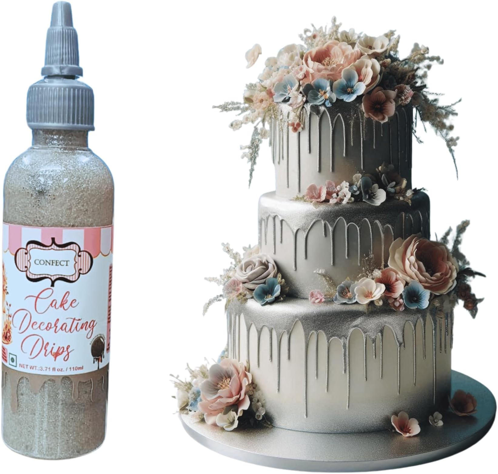 Confect Edible Drips | Drip For Cake Decoration | Cake Decorating Drip | Edible Sparkling Drips for Doughnuts & Cupcakes (3.71 Oz) (Shimmering Silver)