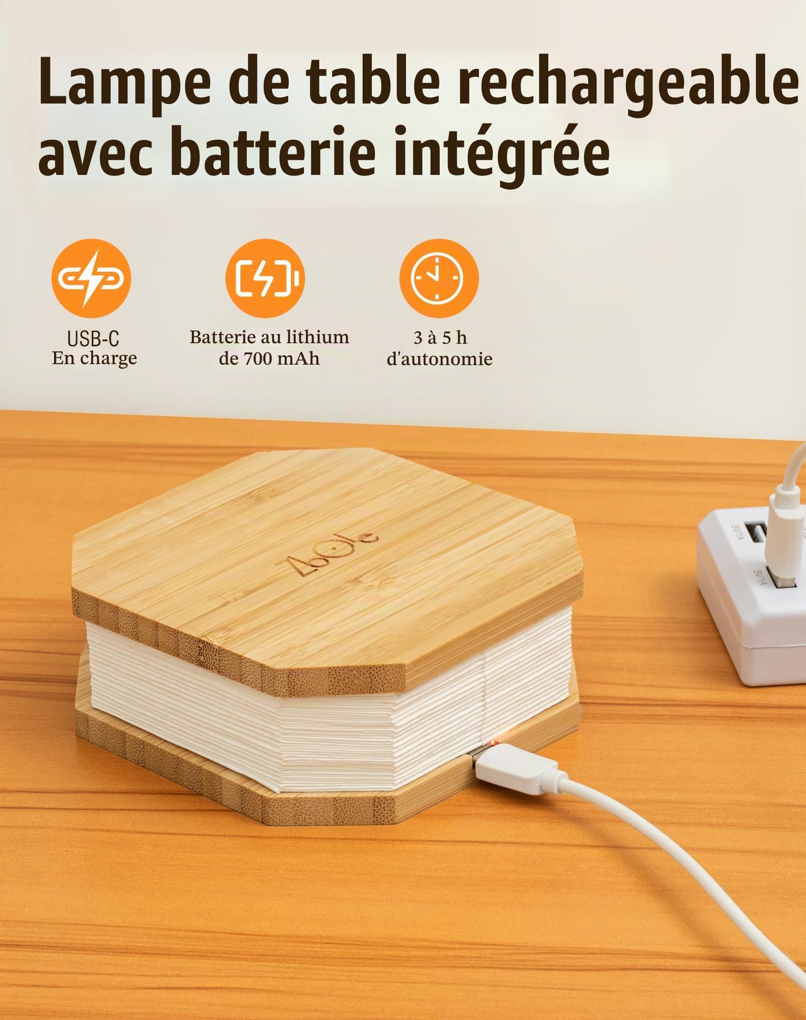 Lampe Accordéon Pliable Originale, Lampe de Bureau en Bois Portable, Lanterne en Papier LED avec USB pour Décoration Intérieure, Chambre et Bibliothèque (Bambou)