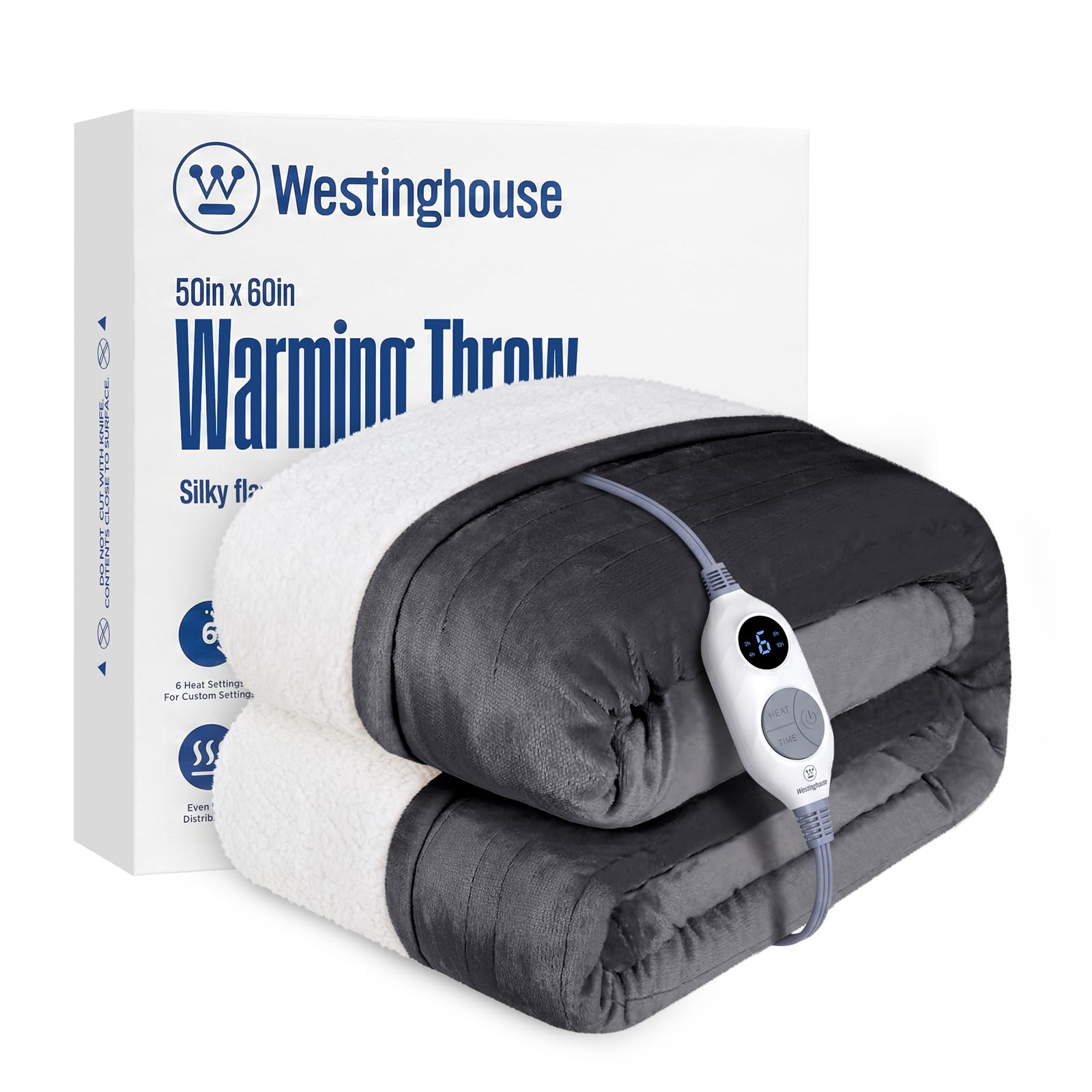 Westinghouse Electric Blanket Throw Heated Blanket with 6 Heating Levels and 2-10 Hours Time Settings, Flannel to Sherpa Super Cozy Heated Blanket Machine Washable, 50x60 inch, Charcoal